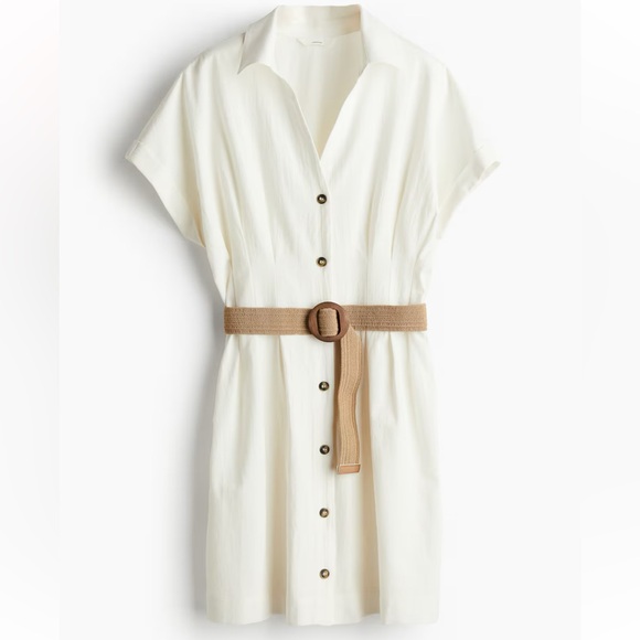 H&M Dresses & Skirts - H&M Chic White Linen Blend Dress with Tan Belt